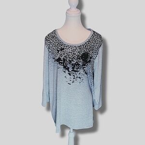 Oversized Soft Gray Leopard Print Graphic Long Sleeve Top Basic Plus size 1X
